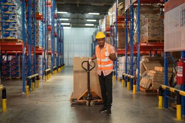 Portrait of black man worker working in large warehouse retail store industry factory. Rack of stock storage. Cargo in ecommerce and logistic concept. Depot. People lifestyle. Shipment service.