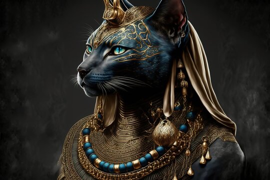 Ancient Egyptian Goddess Bastet In Gold With Blue Color On Black Background