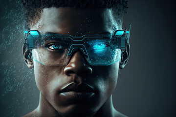 Portrait of a sci-fi african american man with futuristic glasses created using Generative AI technology.