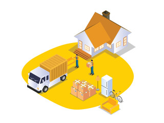 moving house. delivery men loading cardboard boxes in truck