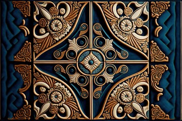 a decorative tile with a blue background and gold accents on it.