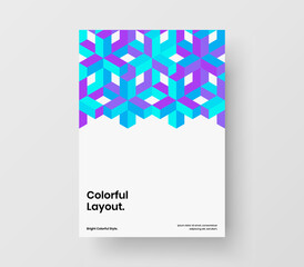 Multicolored geometric pattern magazine cover layout. Abstract corporate brochure design vector illustration.