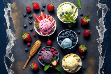 a variety of ice creams and berries on a table with ice cream and strawberries on the table.