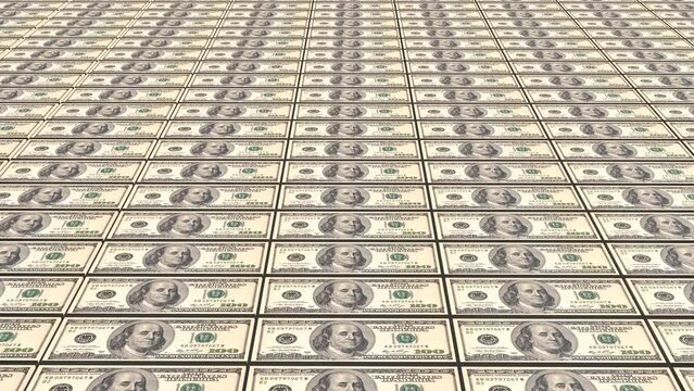 American 100 dollar bill banknotes printing process, loop animation, 4k