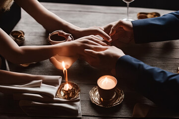 photography of a man and a woman holding hands over a dinner table hearts , love, heart, valentine, - AI Generated