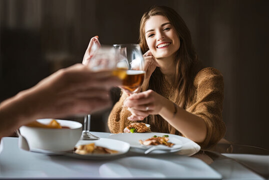 photography of a woman sitting at a table with a glass, hearts , love, heart, valentine, - AI Generated