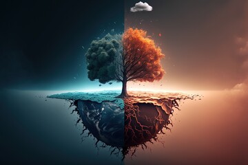 Tree on a Half Globe Divided by blue life and orange Drought, generative ai