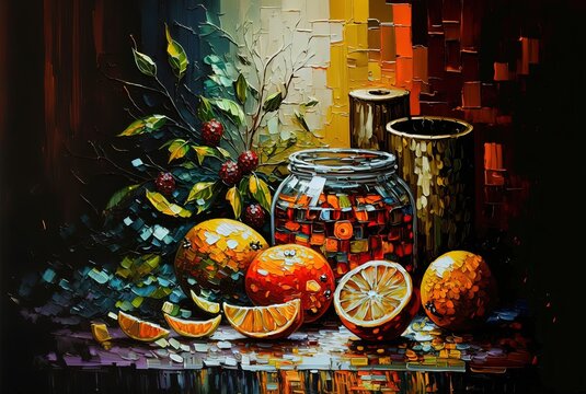oil painting style still life illustration of oranges fruit and cherry branch, idea for wallpaper and background in summer time