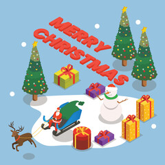 christmas tree and gifts with santa claus, isometric illustration design