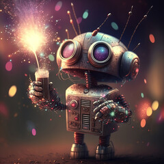Happy little metal robot with fireworks