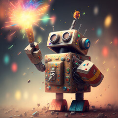 Happy cute metal robot and fireworks