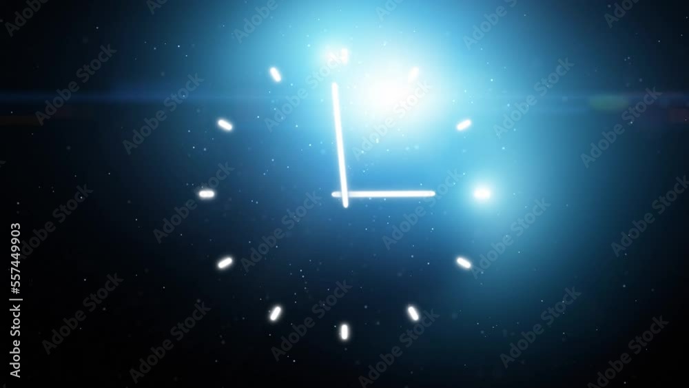 Sticker infinity cosmos time looping clock on artistic glowing light universe science animation background.