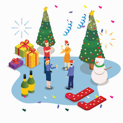 Group of people in christmas party with Christmas tree, gift, and champagne