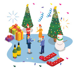 Group of people in christmas party with Christmas tree, gift, and champagne