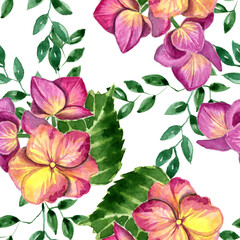 
Watercolor flowers and leaves in a seamless pattern. Can be used as fabric, wallpaper, wrap.