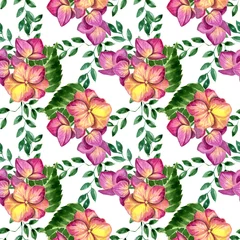 Fotobehang  Watercolor flowers and leaves in a seamless pattern. Can be used as fabric, wallpaper, wrap. © Ulia