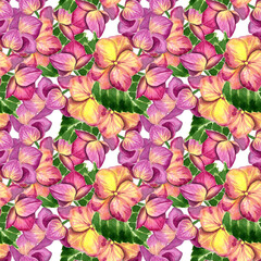Fototapeta na wymiar Watercolor flowers and leaves in a seamless pattern. Can be used as fabric, wallpaper, wrap.