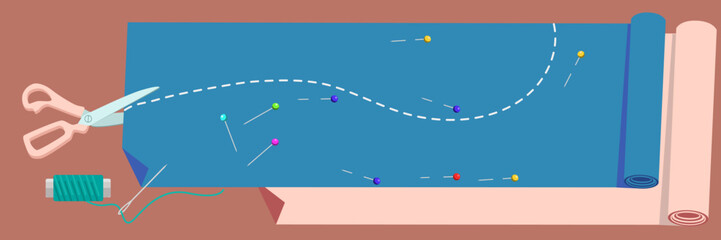 Illustration of the fabric with the outline for the cut. Fabrics with scissors and a needle. Threads with a needle on a dark background. Blue and pink fabric with drawing tools for sewing.