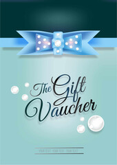 Decorative form, voucher. Grey letterhead with blue,satin ribbon and a bow with white pearls.Turquoise Decorative card