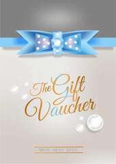 Decorative form, voucher. Grey letterhead with blue,satin ribbon and a bow with white pearls