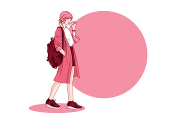 student teenager lifestyle dress up. viva magenta color trends design. vector illustration flat style on white background .