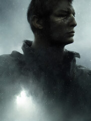 Painted portrait of a heroic soldier with a scar on his face, in a snowstorm. Generative AI