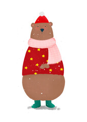 Cute bear in red sweater and hat. Christmas concept. Perfect for Christmas and New Year cards.