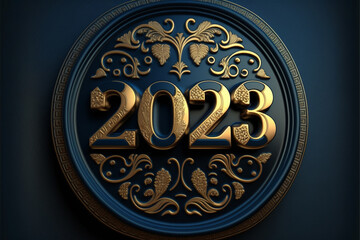 happy new year 2023 golden label with ribbon
