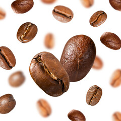 Abstract background of coffee beans in flight on a white background