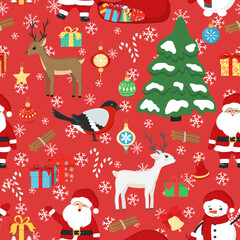 Hand drawn seamless pattern of Santa Claus, deer, snowman, gifts, bird, decorative balls, tree, snowflakes. New Year and Christmas illustration for greeting card, invitation, wallpaper, wrapping paper