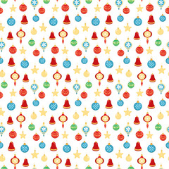 Fototapeta premium Hand drawn seamless pattern of colorful decorative glass Christmas tree balls. Happy New Year and Christmas drop ornaments holiday illustration for greeting card, invitation, wallpaper, wrapping paper