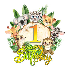 Naklejka premium African animals, watercolor birthday card, first birthday children's print