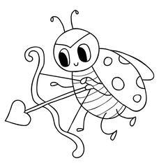 Cute ladybug Amur. Small insect with bow and arrow heart. Vector illustration. Outline drawing. doodle ladybird character for valentines, postcards, coloring, design, decor.