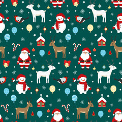 Hand drawn seamless pattern of Santa Claus, Christmas ball, deer, snowman, bird, bell, snowflake. Happy New Year and Christmas illustration for greeting card, invitation, wallpaper, wrapping paper