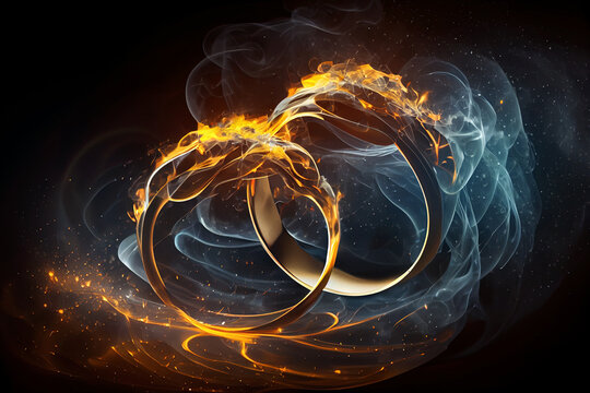 Burning wedding rings - symbol of love, made of fire, smoke and sparks.  
Digitally generated AI image