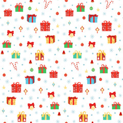 Fototapeta premium Hand drawn seamless pattern of decorative glass Christmas tree ball, snowflake, gift. Happy New Year and Christmas drop ornaments holiday illustration for greeting card, wallpaper, wrapping paper