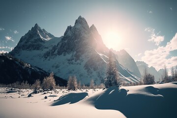 mountains winter landscape with soft lighting, snowing, face symmetry, wide photo, wide shot, long distance photo