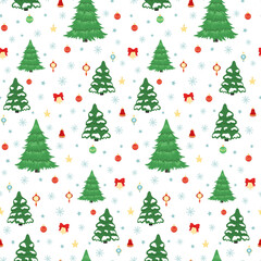 Hand drawn seamless pattern of Christmas tree, decorative colorful Christmas ball, star, snowflake. Happy New Year and Christmas illustration for greeting card, invitation, wallpaper, wrapping paper