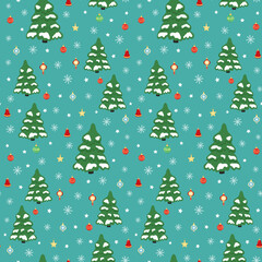 Hand drawn seamless pattern of Christmas tree, decorative colorful Christmas ball, star, snowflake. Happy New Year and Christmas illustration for greeting card, invitation, wallpaper, wrapping paper