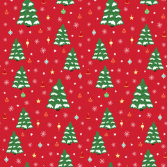 Hand drawn seamless pattern of Christmas tree, decorative colorful Christmas ball, star, snowflake. Happy New Year and Christmas illustration for greeting card, invitation, wallpaper, wrapping paper