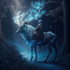 Magical Forest, a deer, opalecent animals , bioluminescence, Highly Detailed, Heavenly Dramatic Lighting