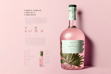 product page, drink and bottle alcohol, minimalistic, pink pastel colours