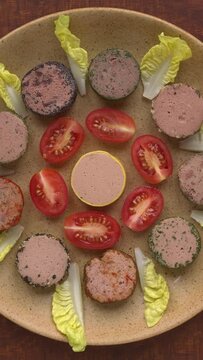 Selection of pates decorated with tomatoes and lettuce leaves on a plate. Top view, table spin. Vertical video.