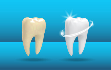Realistic tooth. 3d teeth whitening. Realistic Healthy tooth with glowing effect.