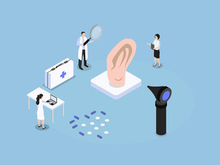 Otology 3D isometric vector concept. doctor examining the patient ear in the clinic