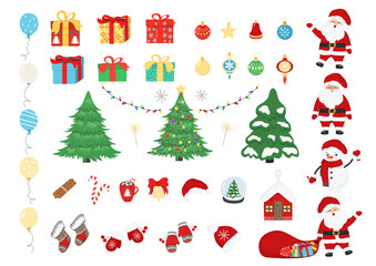 Hand drawn set of Santa Claus, Christmas tree, snowman, glass snow ball, Christmas bag, gift, decoration ball, hat, mitten. Vector sketch Illustration. Happy New Year collection for winter holidays