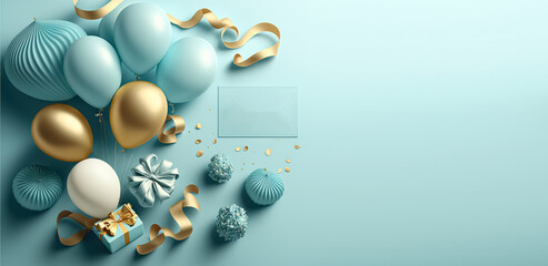 Holiday celebration background with Blue Gold balloons, gifts and confetti. Happy holiday greeting card, party banner, invitation or certificates with copy space