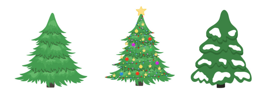 Hand drawn set of Christmas tree, decorative colorful Christmas ball, garland, star and snow. Vector sketch Illustration. Happy New Year collection for winter holidays