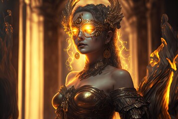  illustration of beautiful goddess with glowing light in gold golden tone color, ancient altar