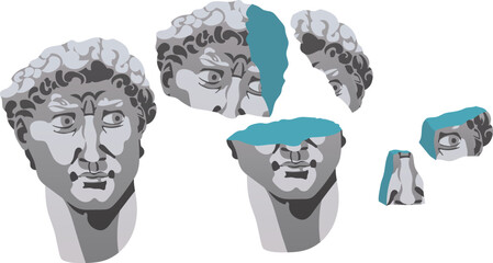 Illustration of David s head. Stages of destruction into separate parts. Exhibition of cultural attractions of antiquity in a modern interpretation. A ready-to-use eps image. For posters stickers